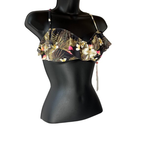 BILLABONG Aloha Bandeau Bikini Top Sz L Black Tropical Floral Print Swim Two Way - Picture 2 of 7